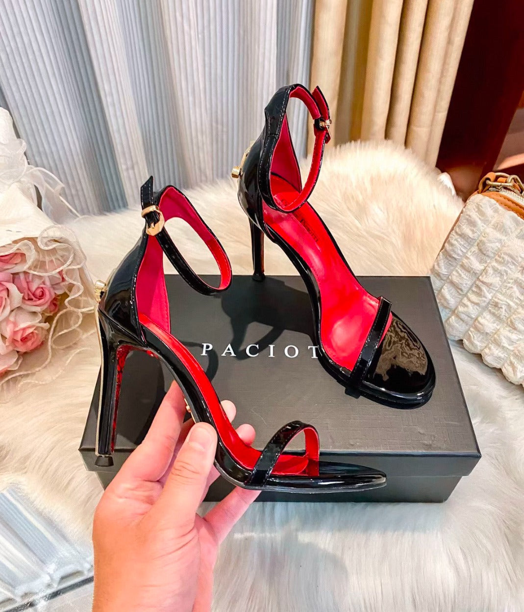 Black Patent Ankle Strap Stiletto Sandals (Cesare Paciotti)