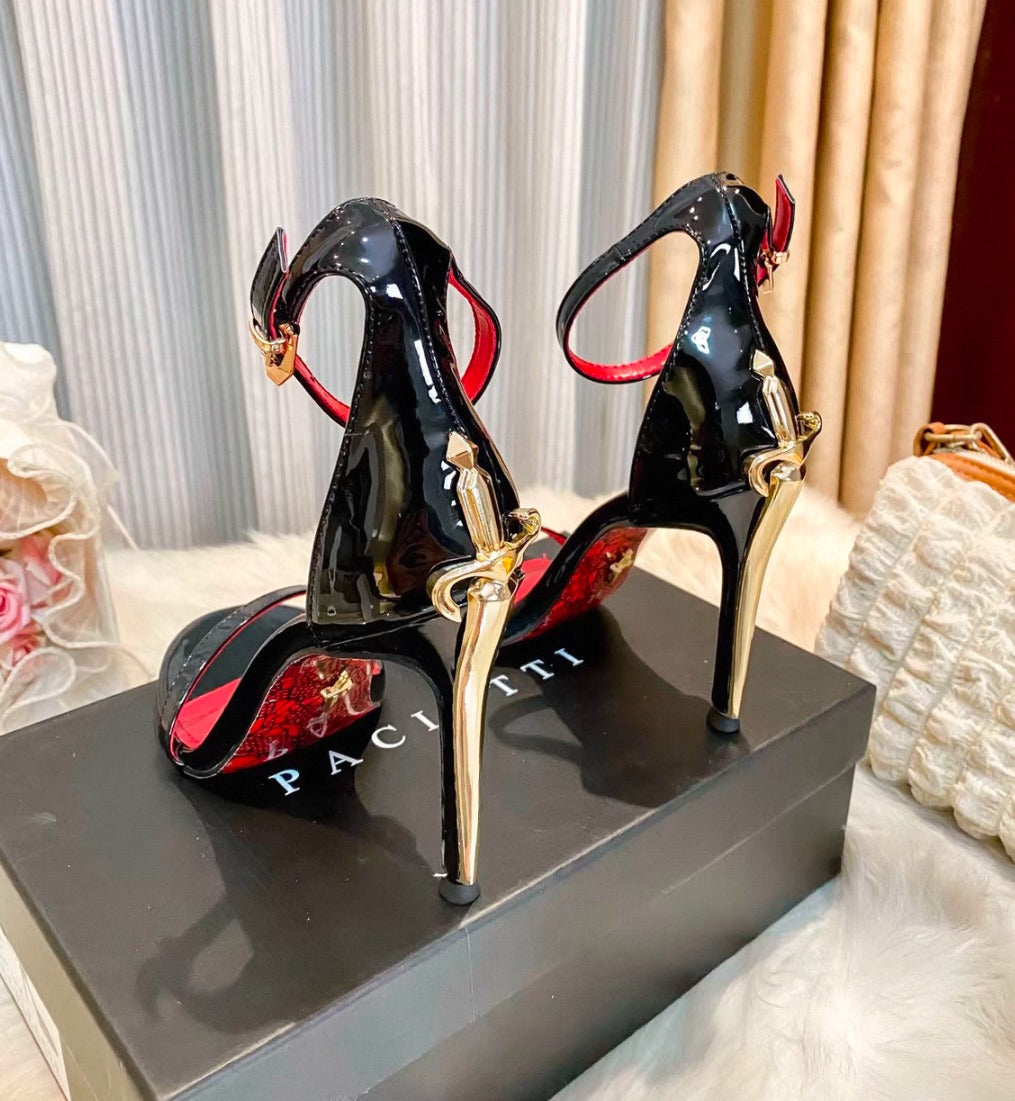 Black Patent Ankle Strap Stiletto Sandals (Cesare Paciotti)