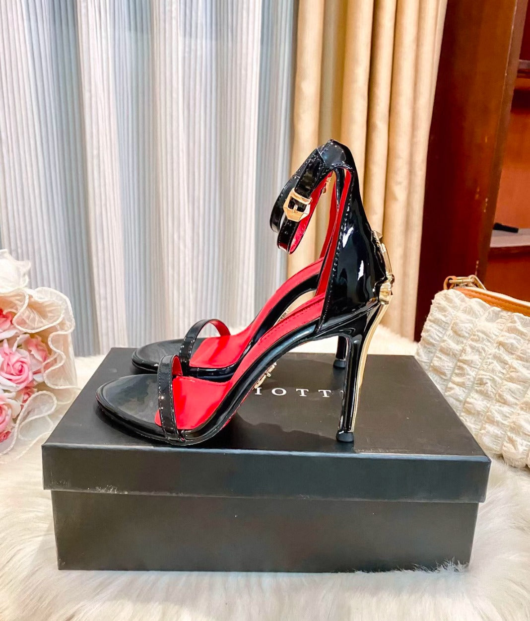 Black Patent Ankle Strap Stiletto Sandals (Cesare Paciotti)