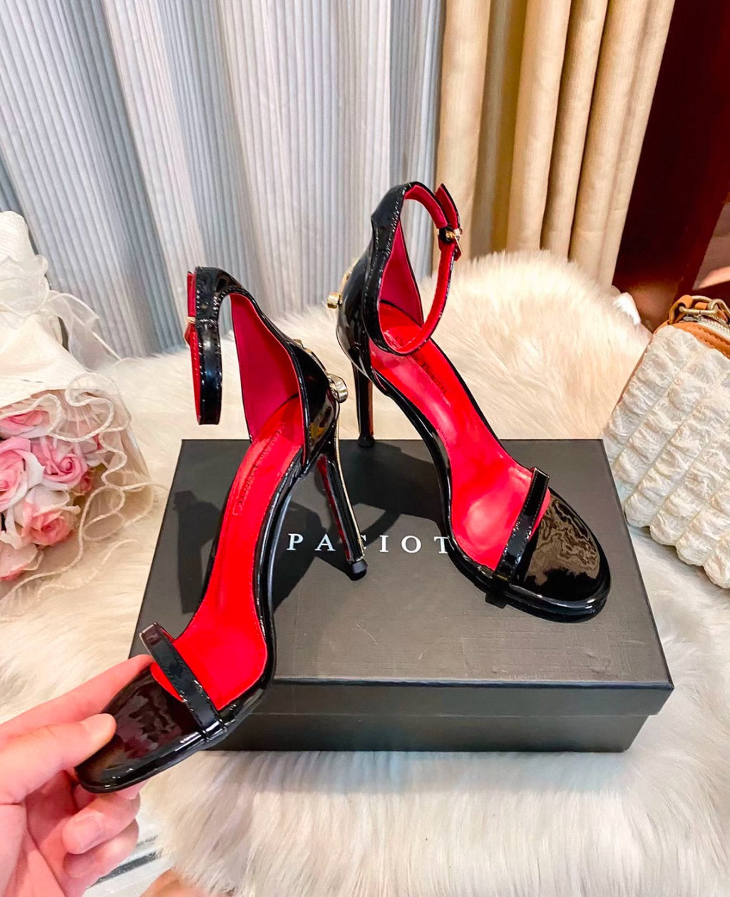 Black Patent Ankle Strap Stiletto Sandals (Cesare Paciotti)