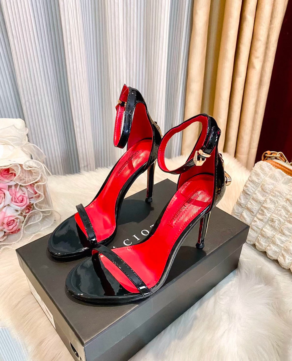 Black Patent Ankle Strap Stiletto Sandals (Cesare Paciotti)
