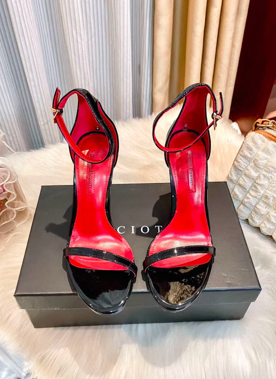Black Patent Ankle Strap Stiletto Sandals (Cesare Paciotti)